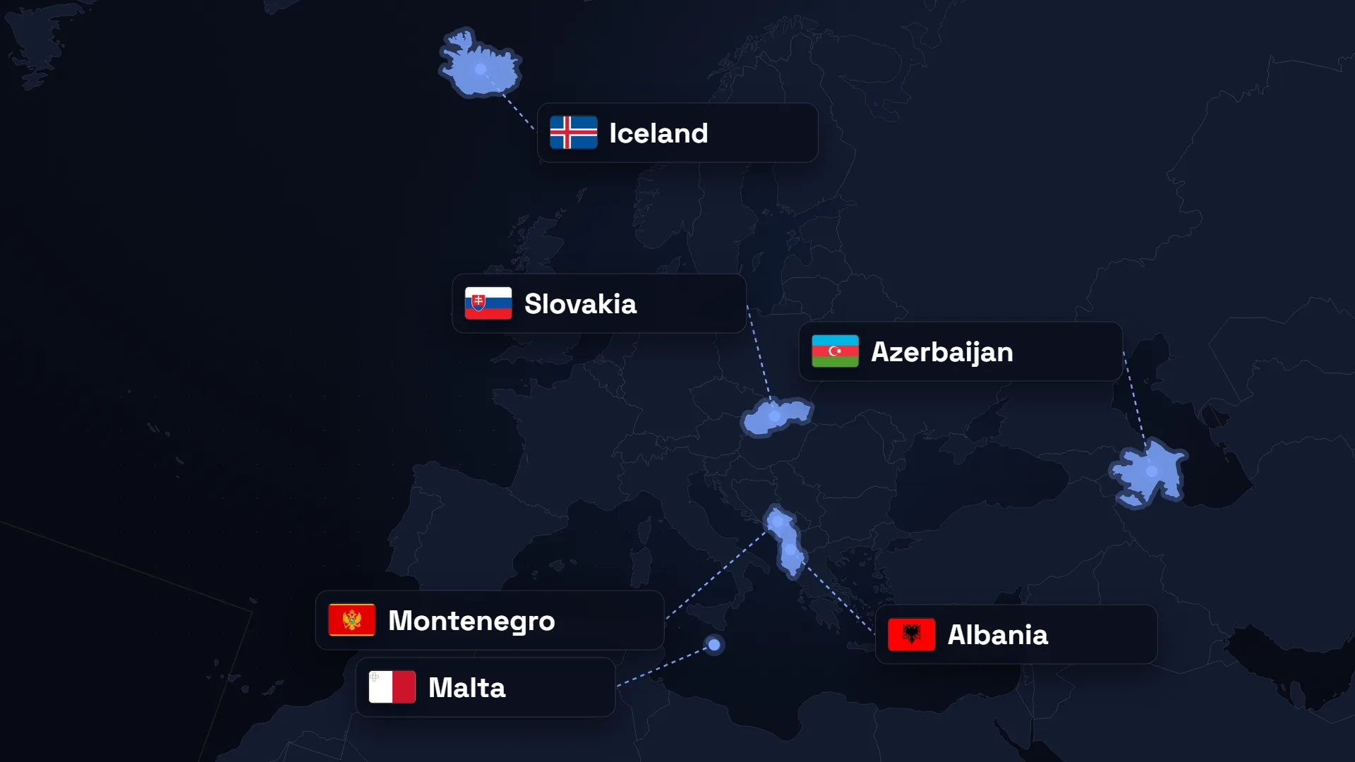 Map: group leaders in Leagues C and D - Iceland, Slovakia, Montenegro, Albania, Malta and Azerbaijan